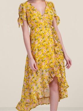 Francesca’s Yellow Floral High-Low Ruffle Wrap Dress